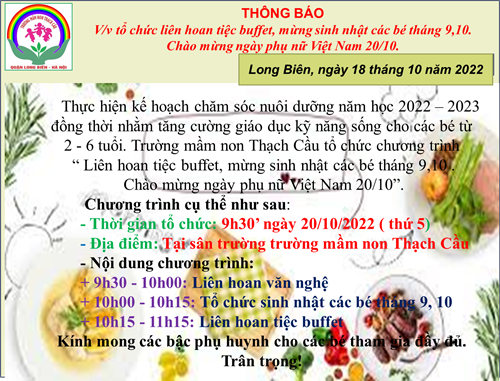 Thông báo tổ chức chương trình   Liên hoan tiệc buffet, mừng sinh nhật các bé tháng 9,10 - Chào mừng ngày phụ nữ Việt Nam 20/10 