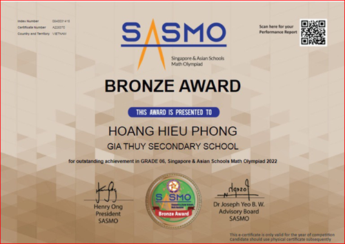 Em hoàng hiếu phong học sinh lớp 6a6  trường thcs gia thụy đã xuất sắc dành  huy chươn đồng cuộc thi olympic toán singapore và châu á