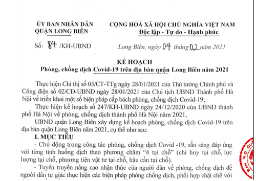 KẾ HOẠCH phòng, chống dịch Covid -19 trên địa bàn quận Long Biên năm 2021