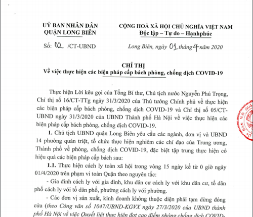 Chi thị Về việc thực hiện các biện pháp cấp bách phòng, chống dịch COVID-19 của UBND quận Long Biên 