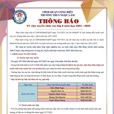Thông báo về việc tuyển sinh vào lớp 6 trường THCS Ngọc Lâm năm học 2021 - 2022 