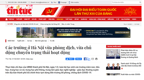 Báo Tin tức:  Các trường ở Hà Nội vừa phòng dịch, vừa chủ động chuyển trạng thái hoạt động 