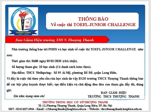 Thông báo về cuộc thi TOEFL JUNIOR CHALLENGE vòng 2