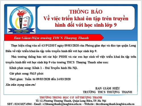 Công văn số 43/PGDĐT ngày 09/03/2020 của Phòng Giáo dục và đào tạo quận Long Biên về việc triển khai ôn tập trên truyền hình đối với học sinh lớp  9