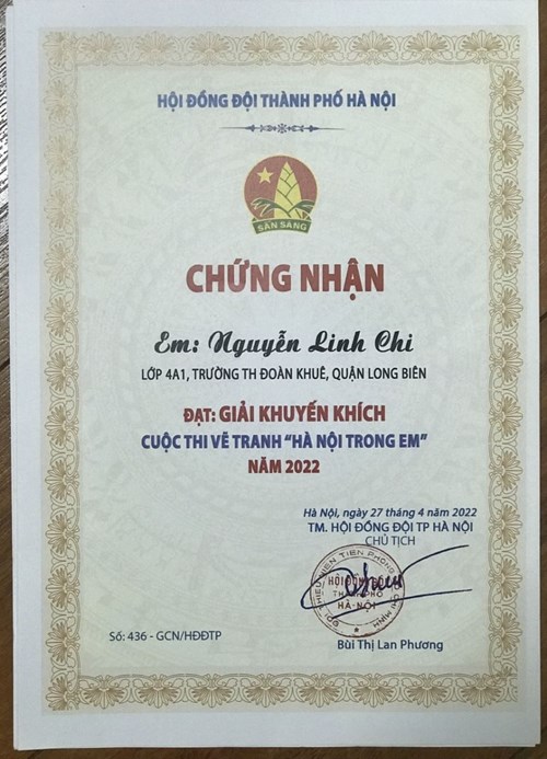 Em Nguyễn Linh Chi lớp 4A1 - Đạt giải Khuyến khích cấp Thành phố cuộc thi vẽ tranh  Hà Nội trong em  năm 2022.