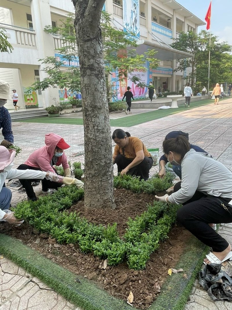 Thầy cô giáo Trường Tiểu học Giang Biên tích cực tham gia lao động trồng cây, cải tạo môi trường- Chào đón học sinh bước vào năm học mới