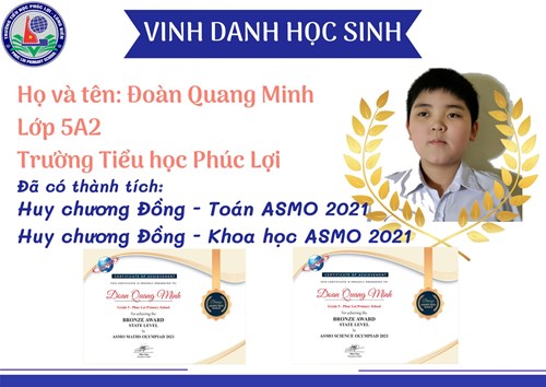 Chúc mừng em Đoàn Quang Minh - Lớp 5A2 đã có thành tích trong các cuộc thi